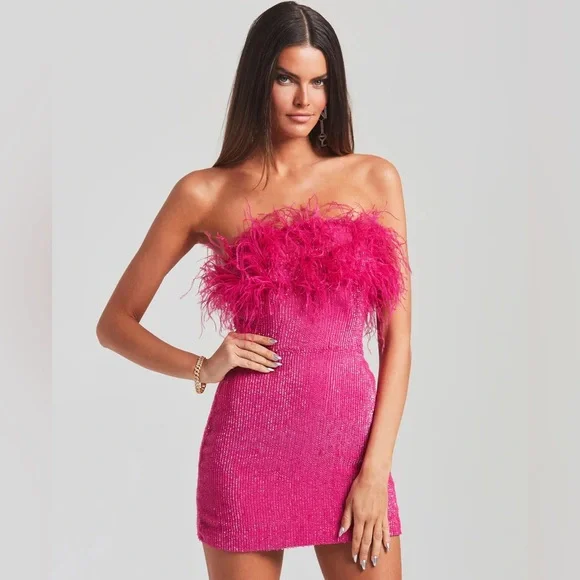 NWT Retroféte Torin Sequin Bandeau Ostrich-trim Mini Dress In Pink. Size Large